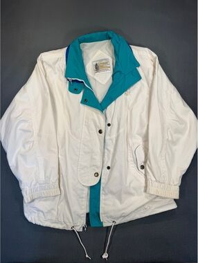 Vintage London Fog Windbreaker Jacket Large White Teal Colorblock 80s 90s